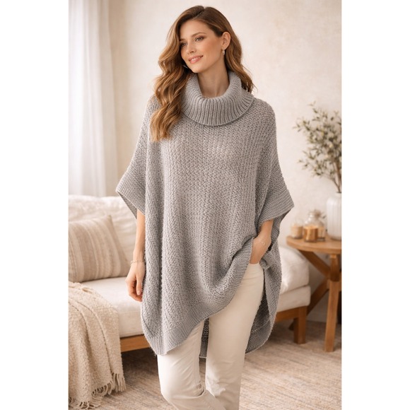 LC Lauren Conrad Sweaters - LC Lauren Conrad Chunky Knit Poncho Sweater Gray Cowl Neck Oversized Cape 1 Size